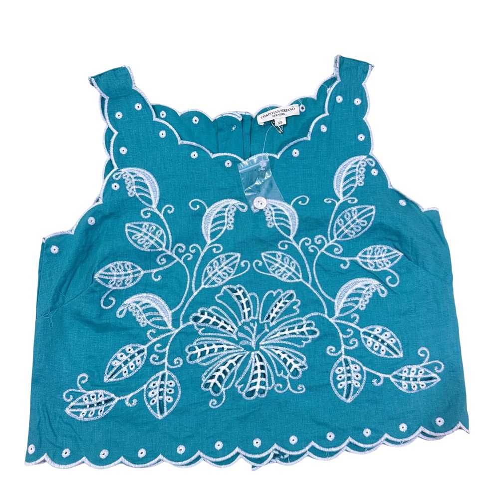 Christian Siriano Women Teal Embroidered Linen Blend Crop Top Size XS